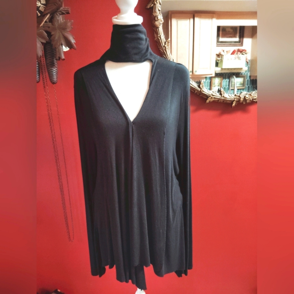 Free People Flowy Tunic Choker Neckline Black Long Sleeve Sz Large